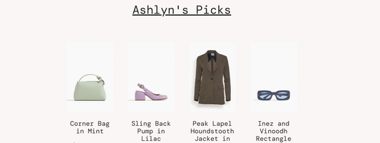 product list with icons of a handbag, lilac pumps, a blazer, and blue sunglasses