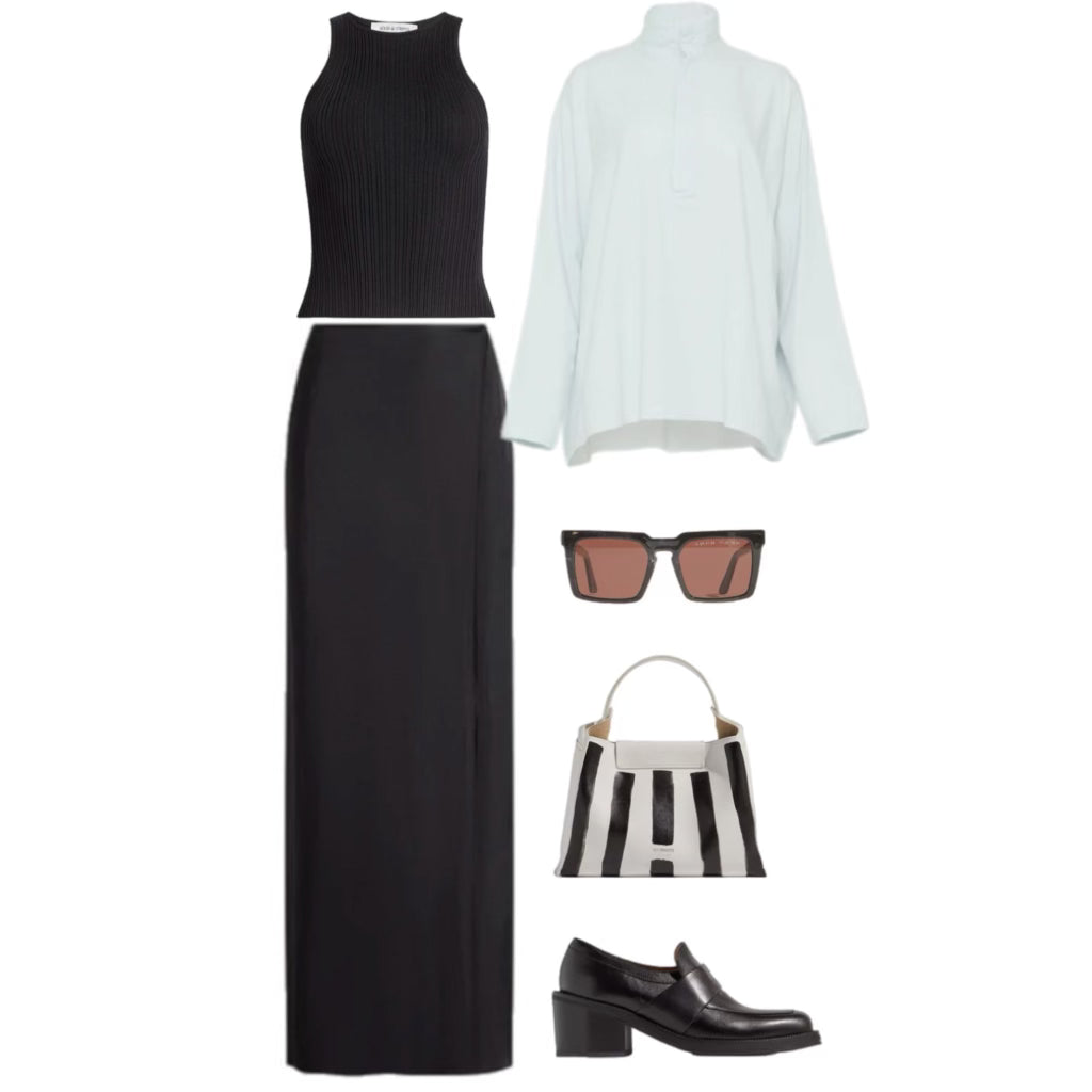 example of an outfit used in a personal style guide consisting of a top, skirt, shoes, sunglasses, and purse