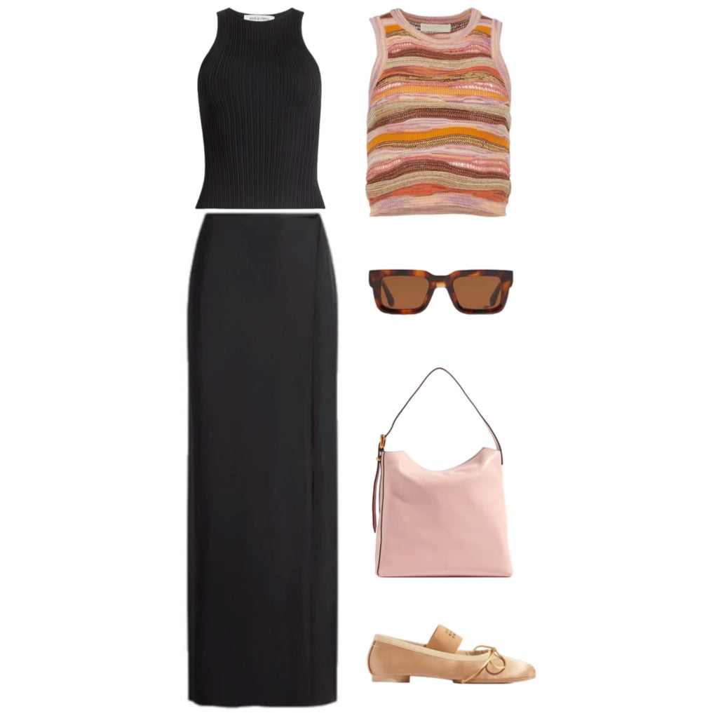 example of an outfit used in a personal style guide consisting of a top, skirt, shoes, sunglasses, and purse