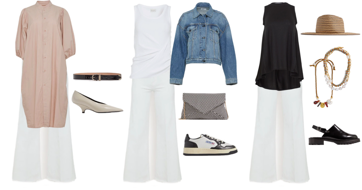 examples of outfits used in a personal style guide consisting of tops, pants, shoes, and accessories