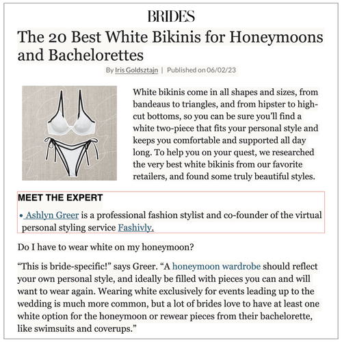 Article titled "the 20 best white bikinis for honeymoons and bachelorettes" with a photo of a black and white bikini