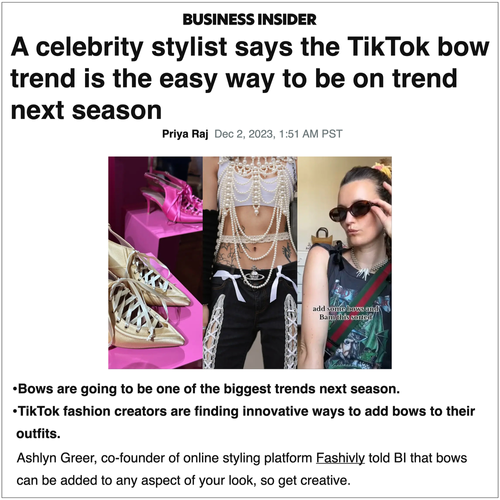 Article titled "A celebrity stylist says the tiktok bow trend is the easy way to be on trend next season" with a photo collage including, metallic pointed toe, lace up shoes, a woman's torso wearing many layered pearl necklaces and black jeans with white bows on them, and a woman wearing a tank top and sunglasses