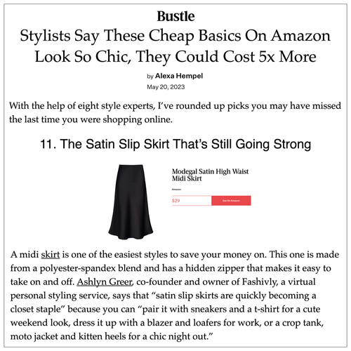 Bustle article titled "Stylists say these cheap basics on Amazon look so chic, they could cost 5x more" with a photo of black maxi skirt