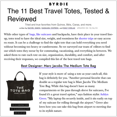 Article titled "the 11 best travel totes, tested & reviewed" with a photo of a black tote bag