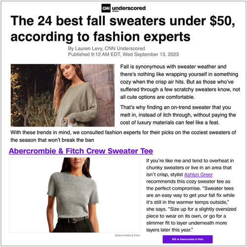 Article titled " the 24 best fall sweaters under $50, according to fashion experts" with two photos of women in gray sweaters- one short sleeve and one long sleeve