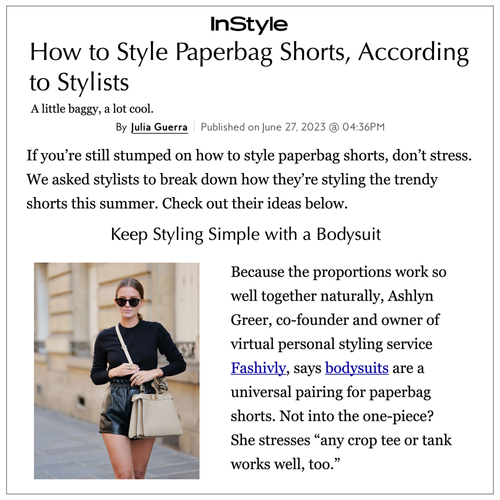 Article titled "how to style paperbag shorts, according to stylists" with a photo of a woman wearing a black top and black shorts, carrying a white crossbody handbag