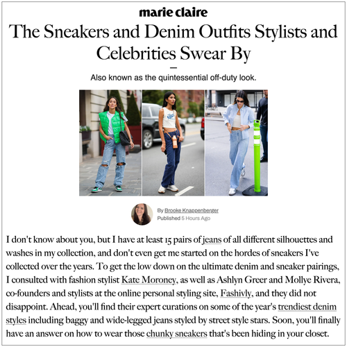 Article titled "The sneakers and denim outfits stylists and celebrities swear by" with three photos of women in jeans and sneakers