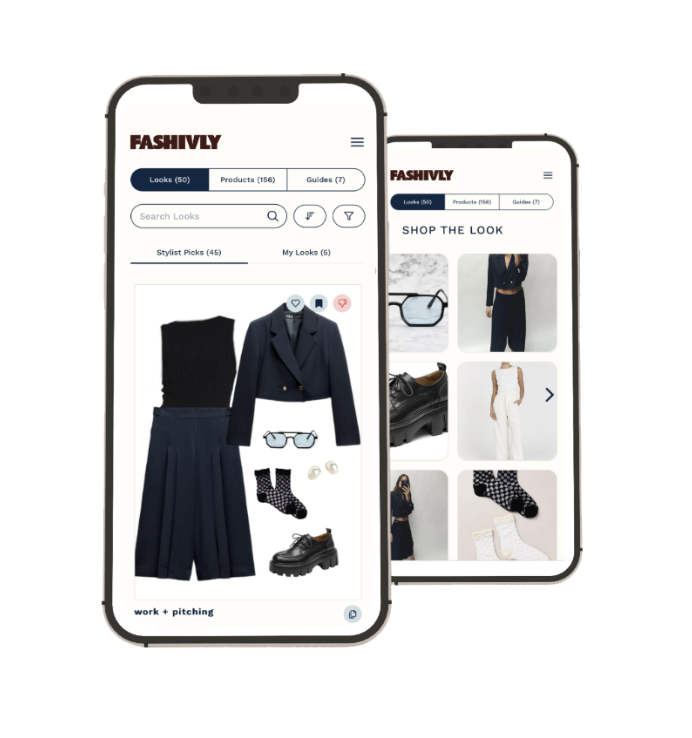 Two smartphone screens displaying the Fashivly app with fashion outfit suggestions.