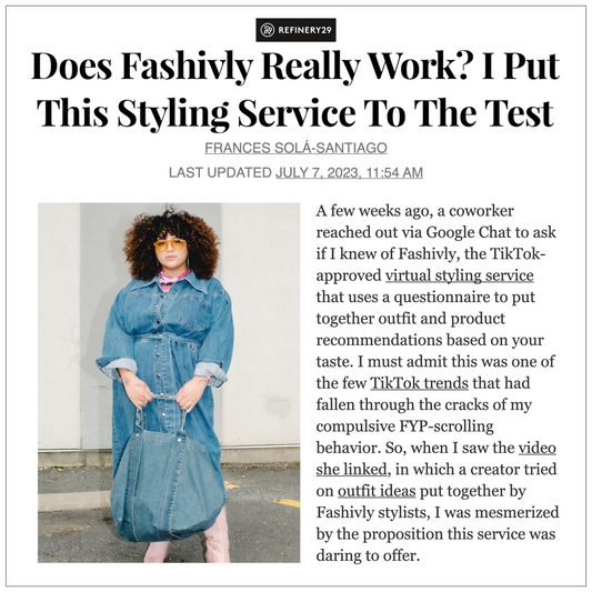 Article titled "does Fashivly really work? I put this styling service to the test" with a photo of a woman wearing a denim dress holding a denim bag