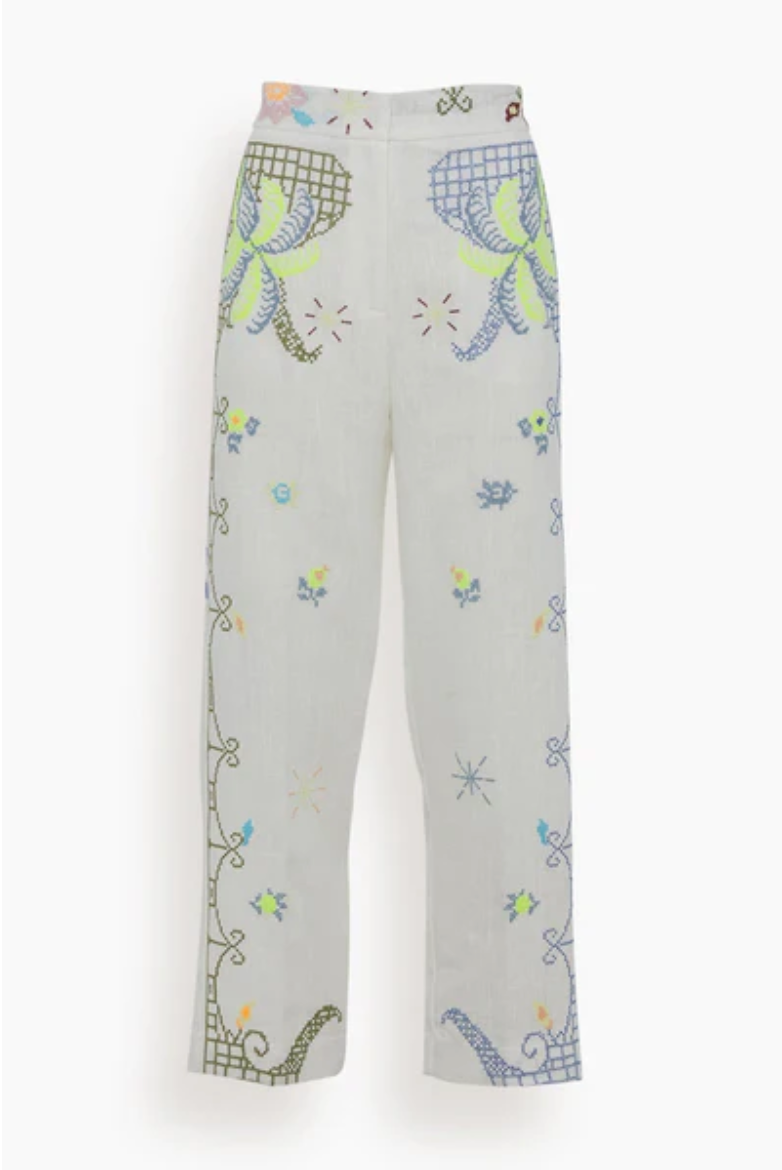 Pair of embroidered denim pants used in a personal style guide