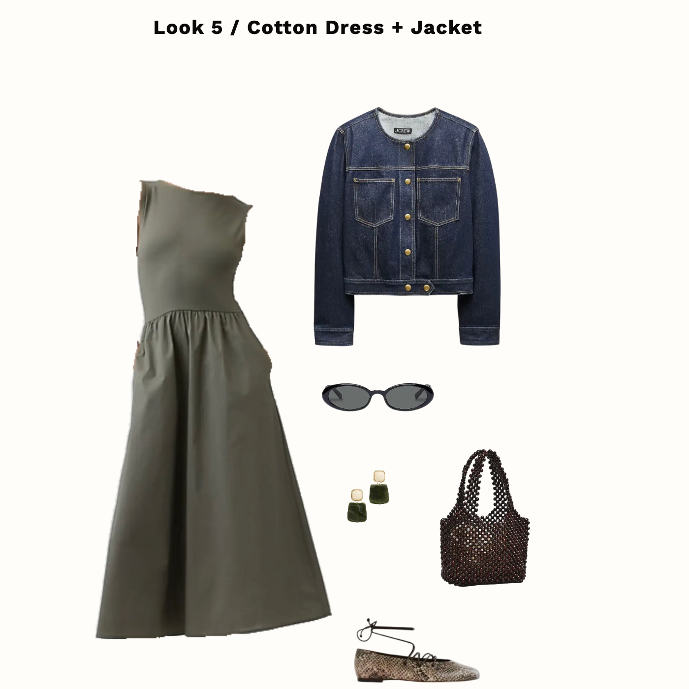 Cotton dress, denim jacket, sunglasses, handbag, and shoes displayed on a white background.