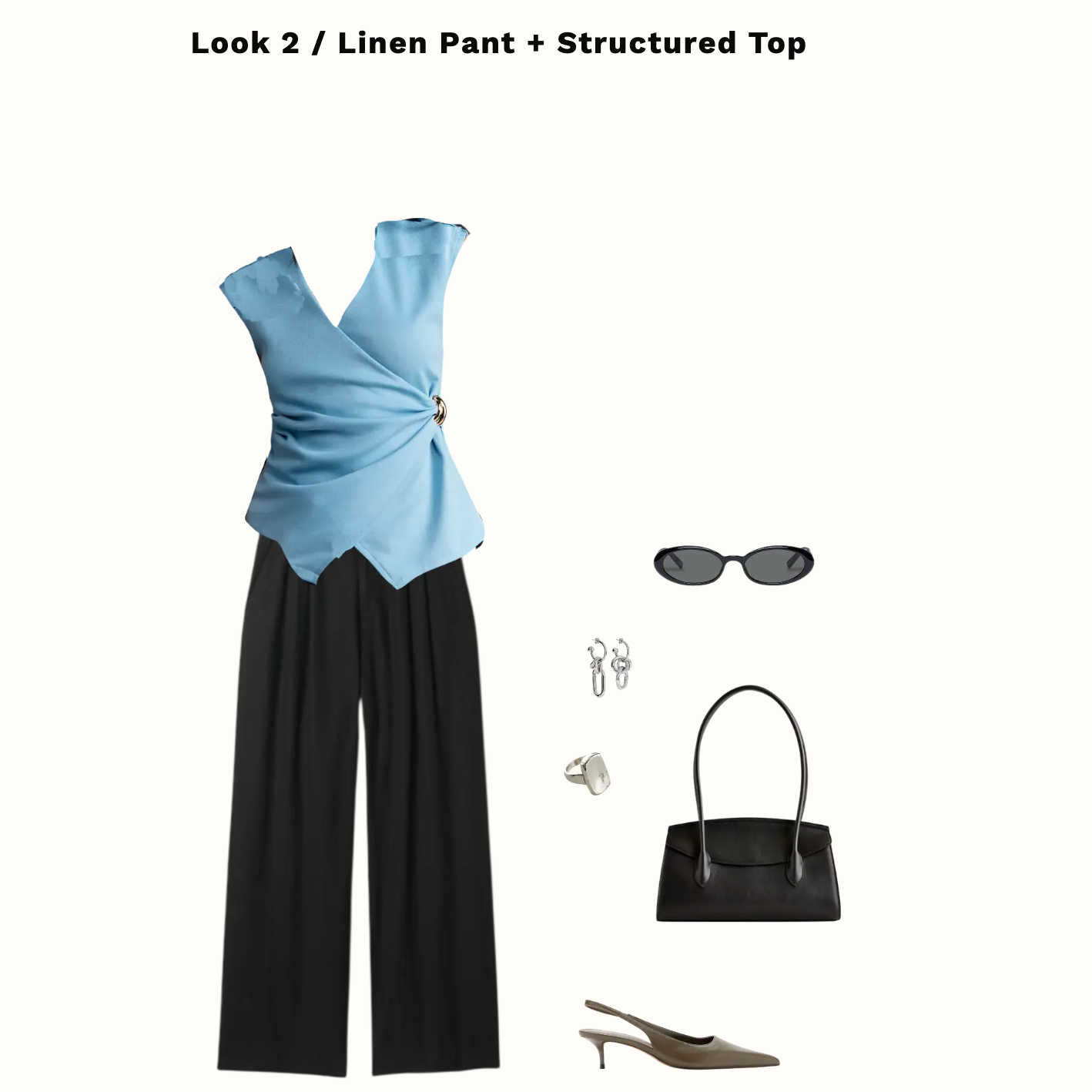 Fashion look with light blue top, black pants, sunglasses, handbag, and shoes on a white background.