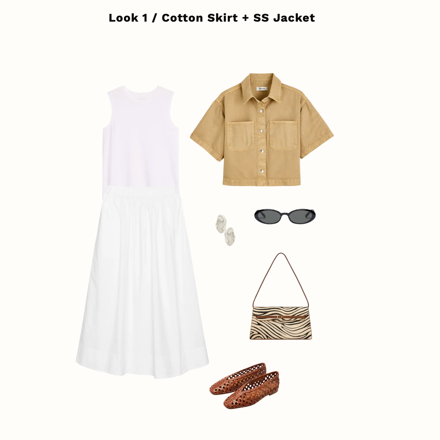 Outfit with white dress, beige jacket, brown shoes, sunglasses, and handbag on a white background