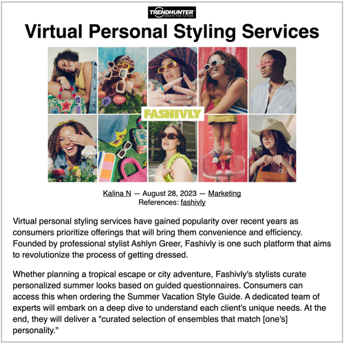 Article titled "virtual personal styling services" with photos of personal style guide covers consisting of different women's faces