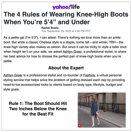 Article titled "the 4 rules of wearing knee high boots when you're 5'4" and under" with a photo of a woman wearing a denim dress and white knee high boots