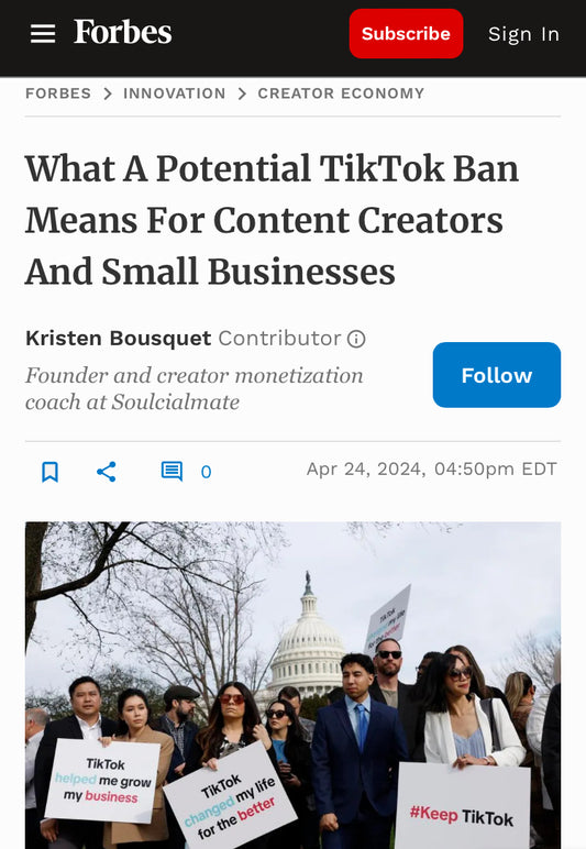 Forbes article titled "what a potential tiktok ban means for content creators and small businesses" with photo of protesters holding signs