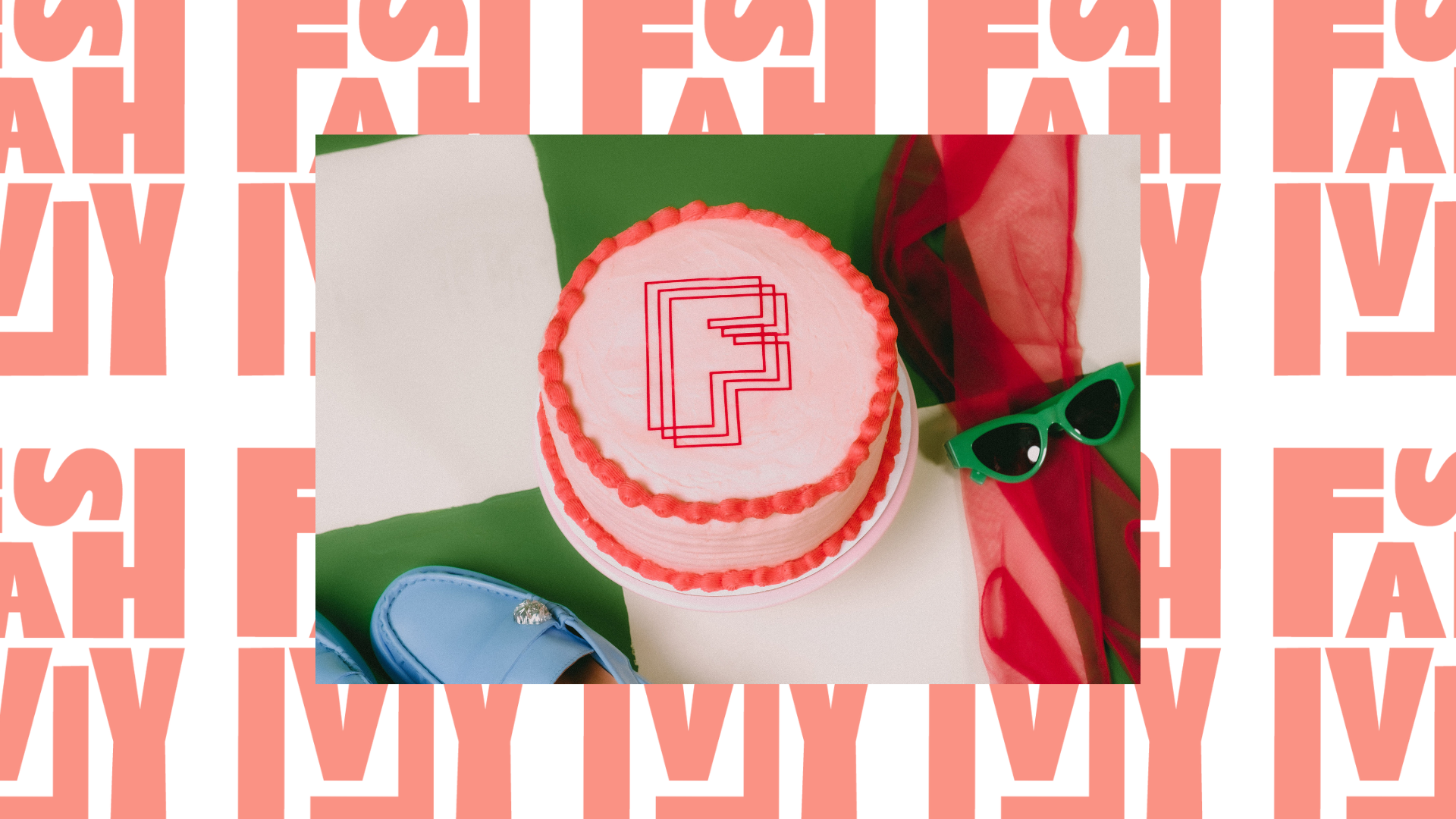 giftcard for a fashivly personal style guide with a pink and red cake, green sunglasses, and blue shoes